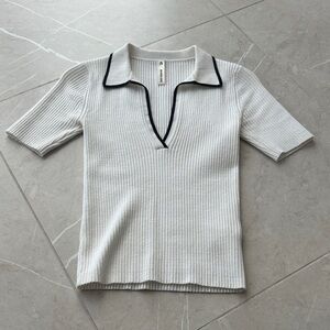 Ribbed Cream Polo Top with Black Trim